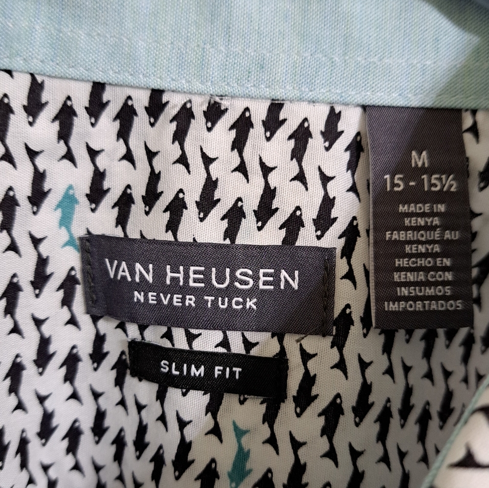 NWT Van Heusen Slim Never Tuck Shark Print Shirt M - Picture 4 of 6